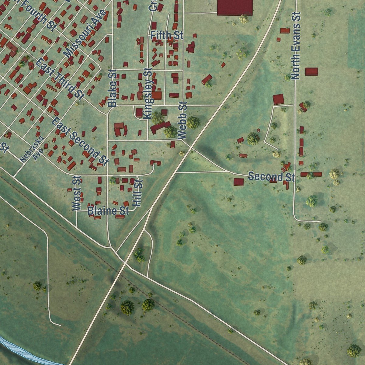 Second close-up of the map of Ellsworth, Kansas print showing more streets and buildings