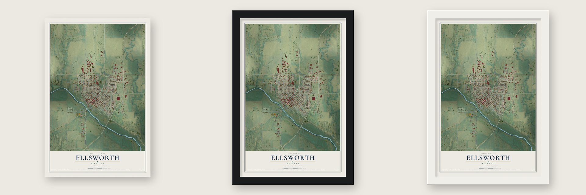 Ellsworth, Kansas map unframed, in a black wood frame and in a white wood frame