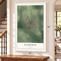 Ellsworth, Kansas map, 24 x 36 inch print in a white frame by a staircase
