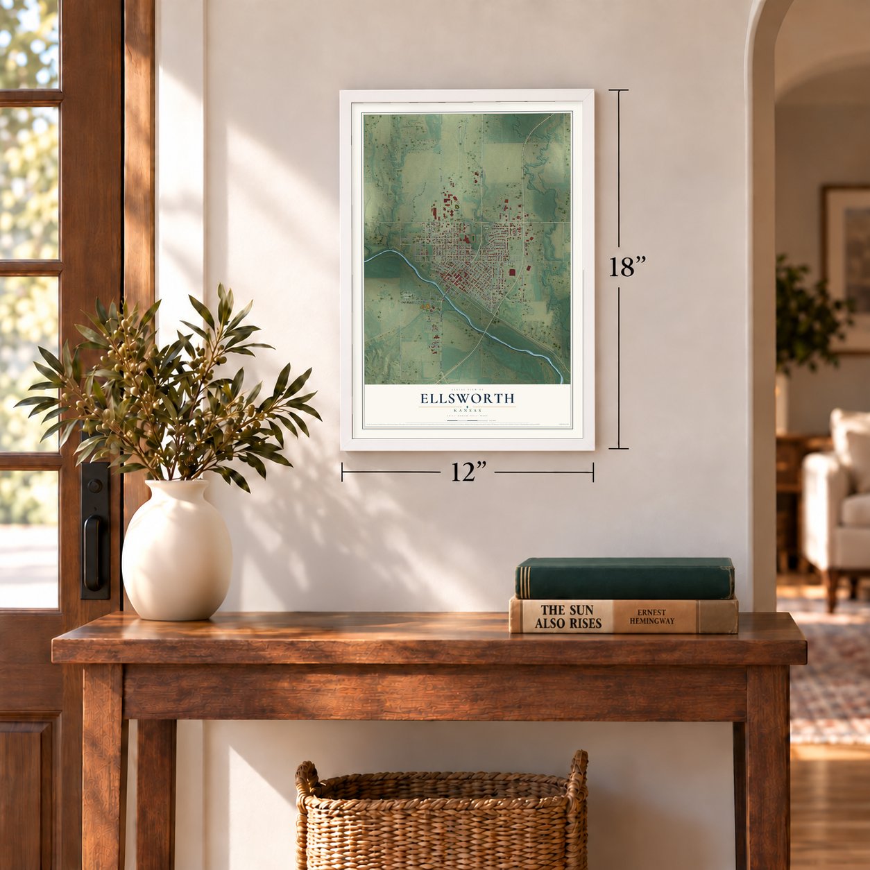 Ellsworth, Kansas map, 12 x 18 inch print in a white frame in an entryway
