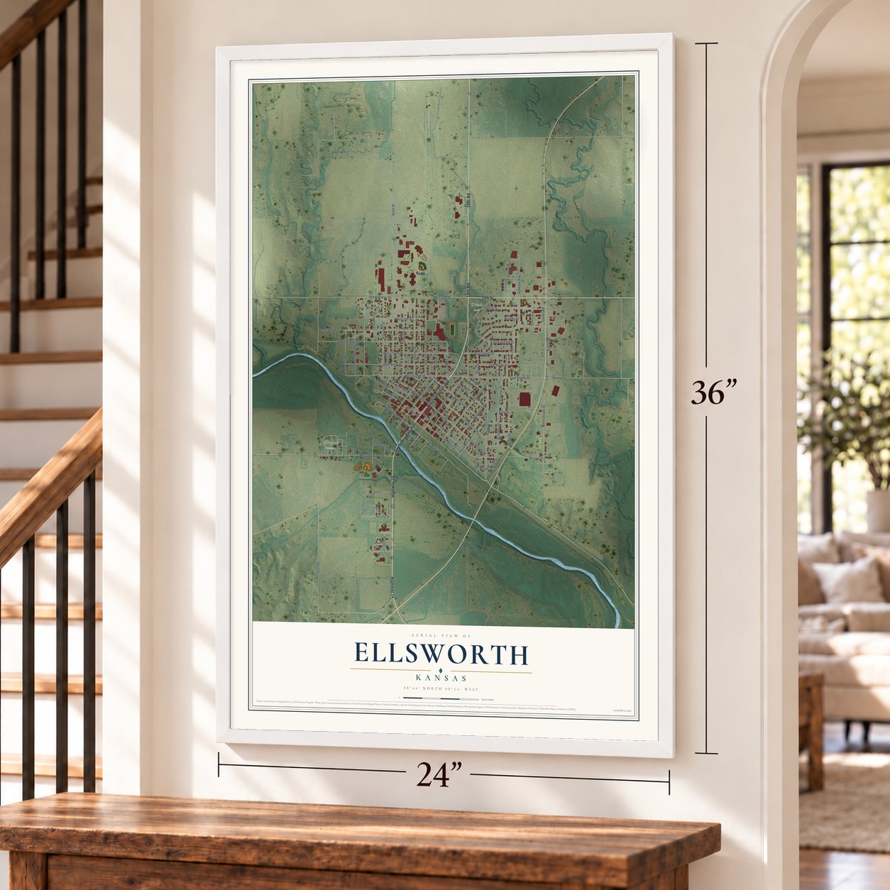 Ellsworth, Kansas map, 24 x 36 inch print in a white frame by a staircase