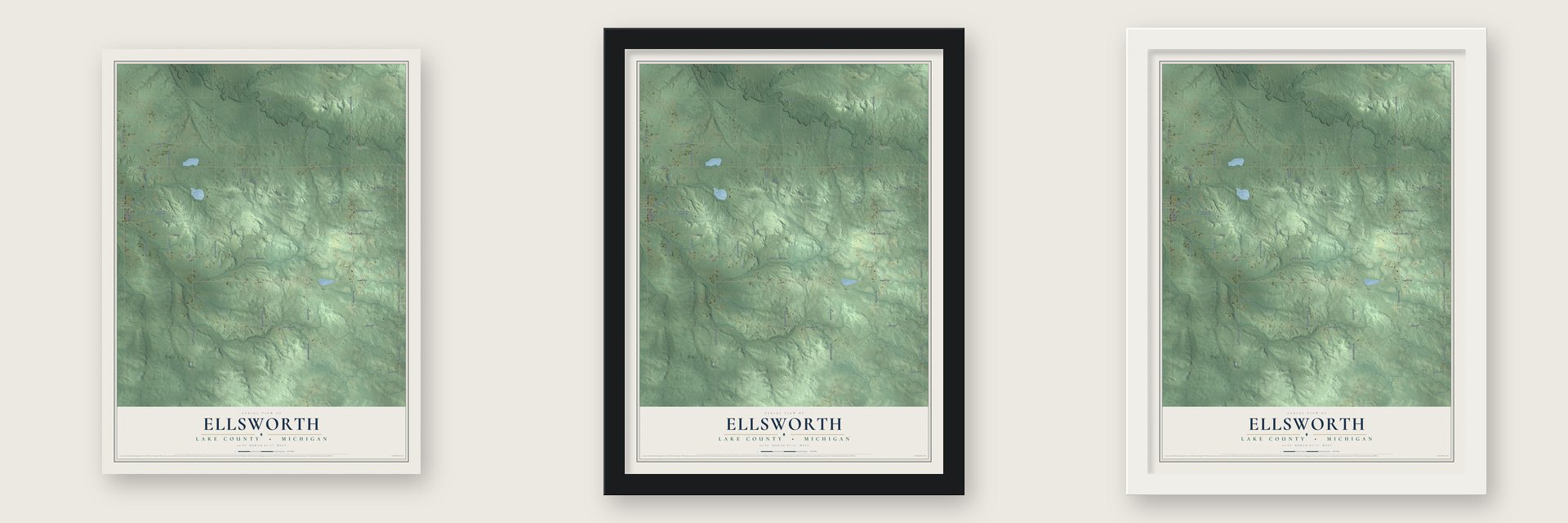 Ellsworth, Lake County, Michigan map unframed, in a black wood frame and in a white wood frame
