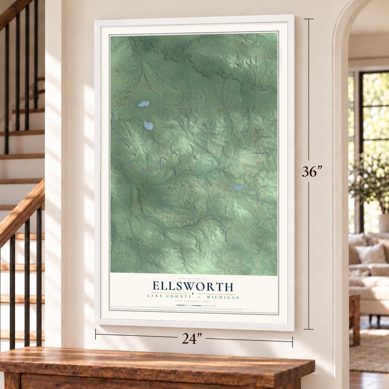 Ellsworth, Lake County, Michigan map, 24 x 36 inch print in a white frame by a staircase