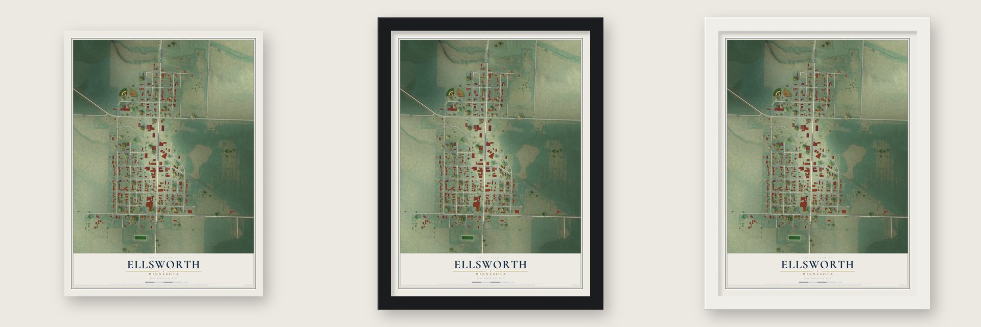 Ellsworth, Minnesota map unframed, in a black wood frame and in a white wood frame