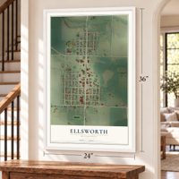 Ellsworth, Minnesota map, 24 x 36 inch print in a white frame by a staircase