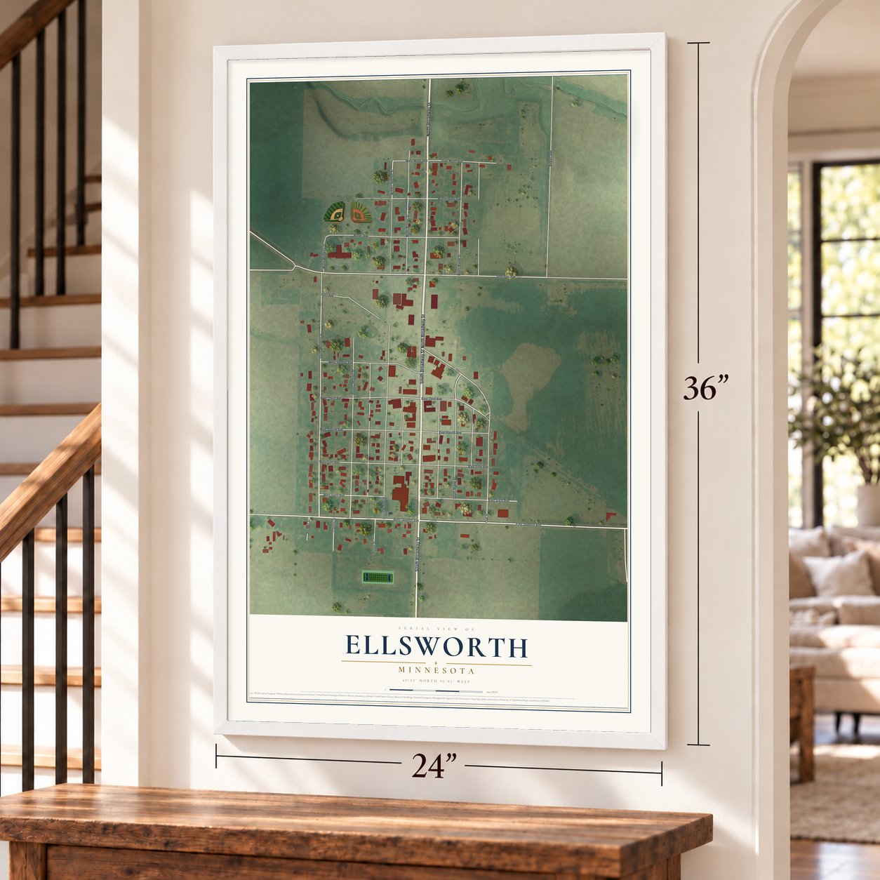 Ellsworth, Minnesota map, 24 x 36 inch print in a white frame by a staircase