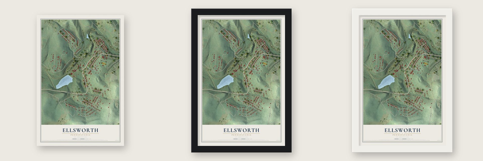 Ellsworth, Pennsylvania map unframed, in a black wood frame and in a white wood frame