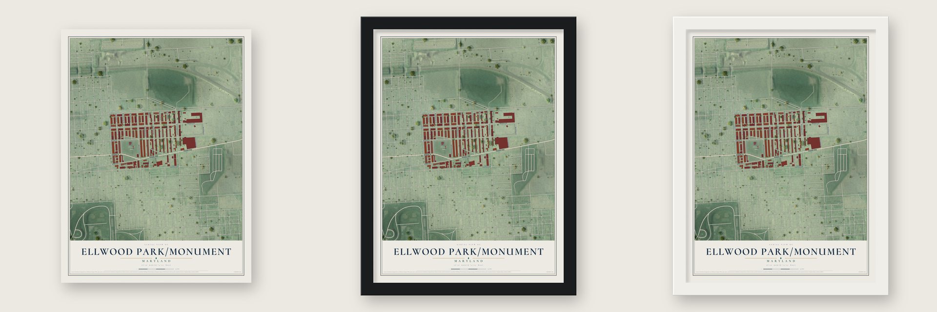 Ellwood Park-Monument, Maryland map unframed, in a black wood frame and in a white wood frame