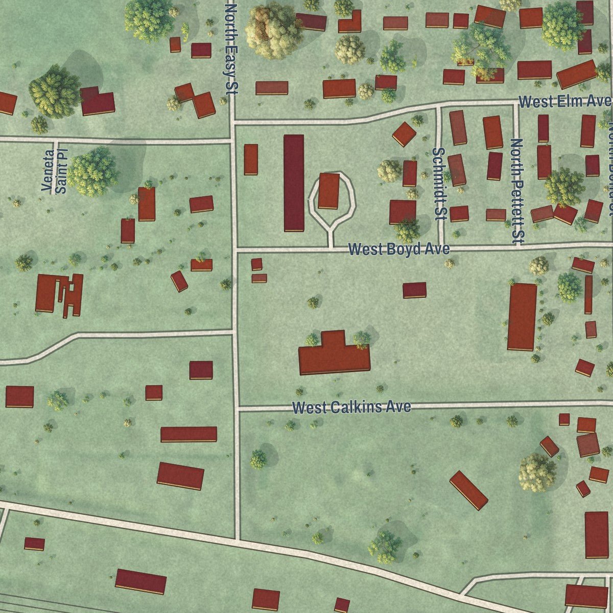 Second close-up of the map of Elm Creek, Nebraska print showing more streets and buildings