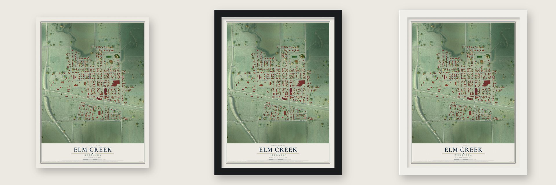 Elm Creek, Nebraska map unframed, in a black wood frame and in a white wood frame