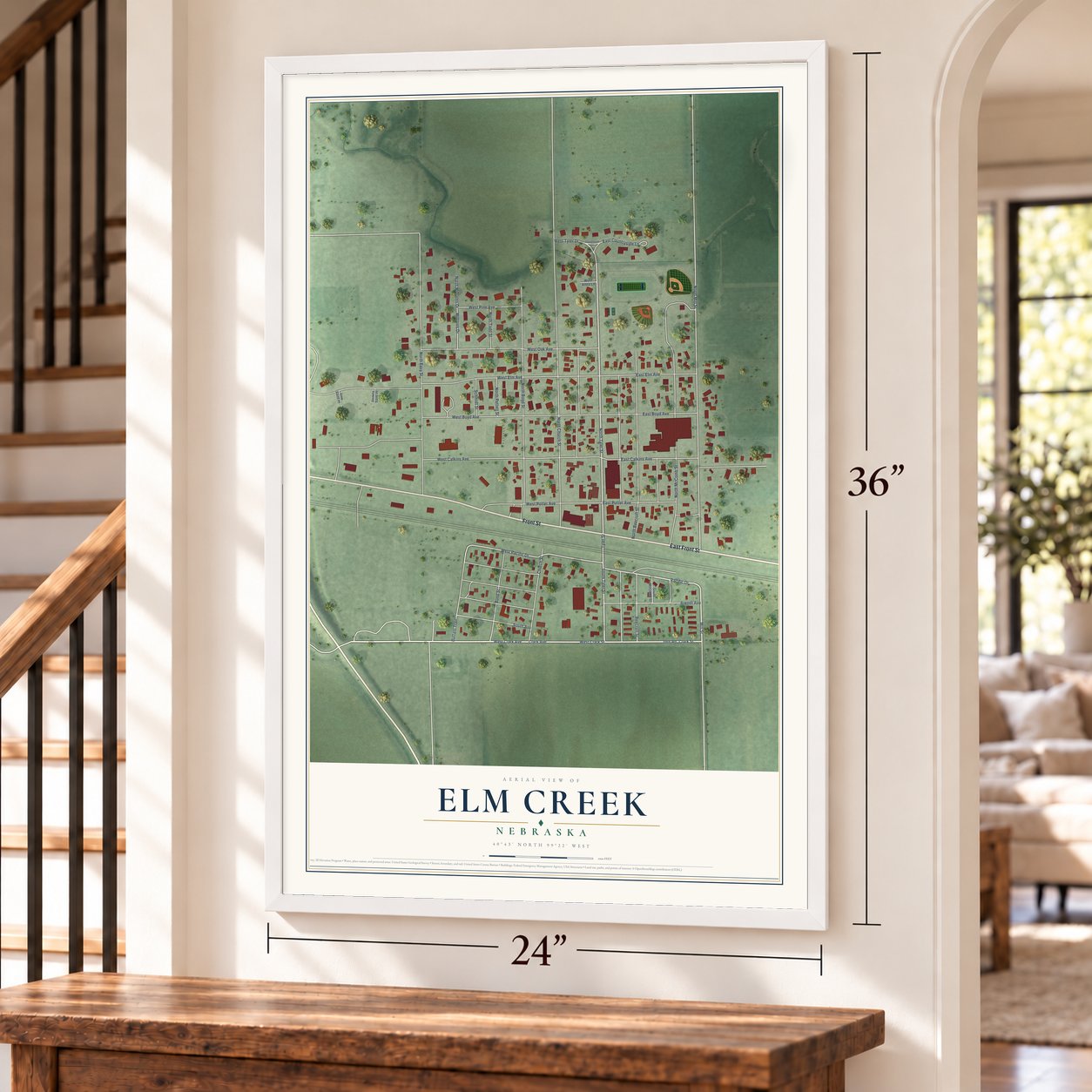 Elm Creek, Nebraska map, 24 x 36 inch print in a white frame by a staircase