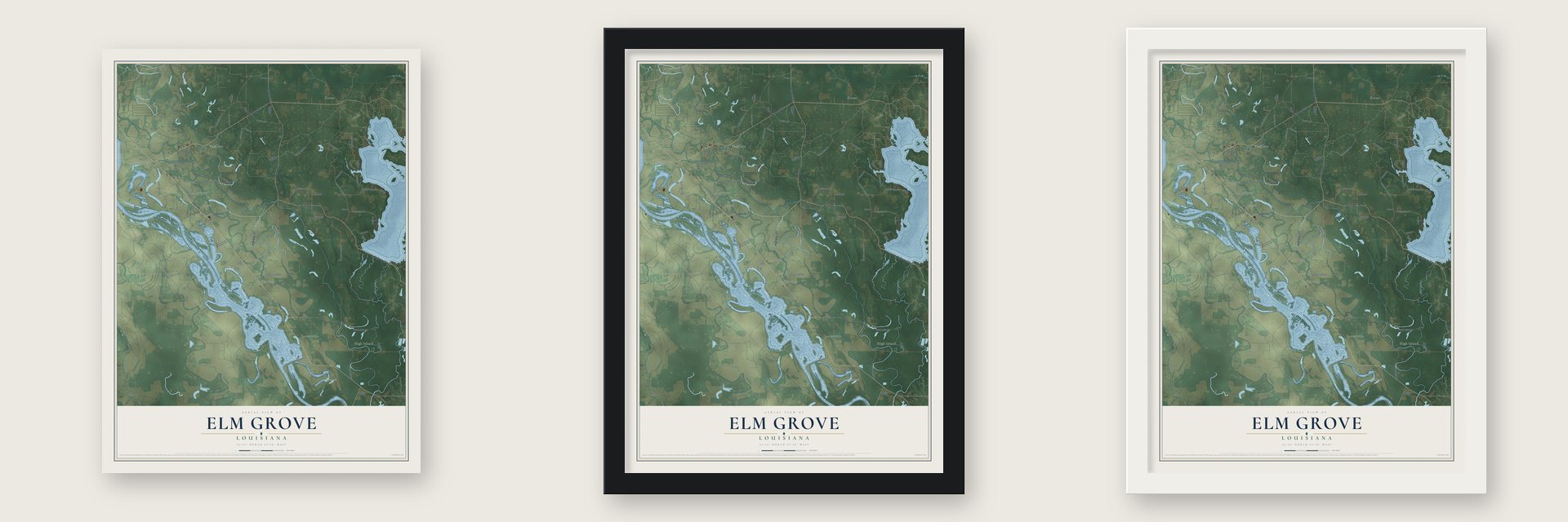 Elm Grove, Louisiana map unframed, in a black wood frame and in a white wood frame