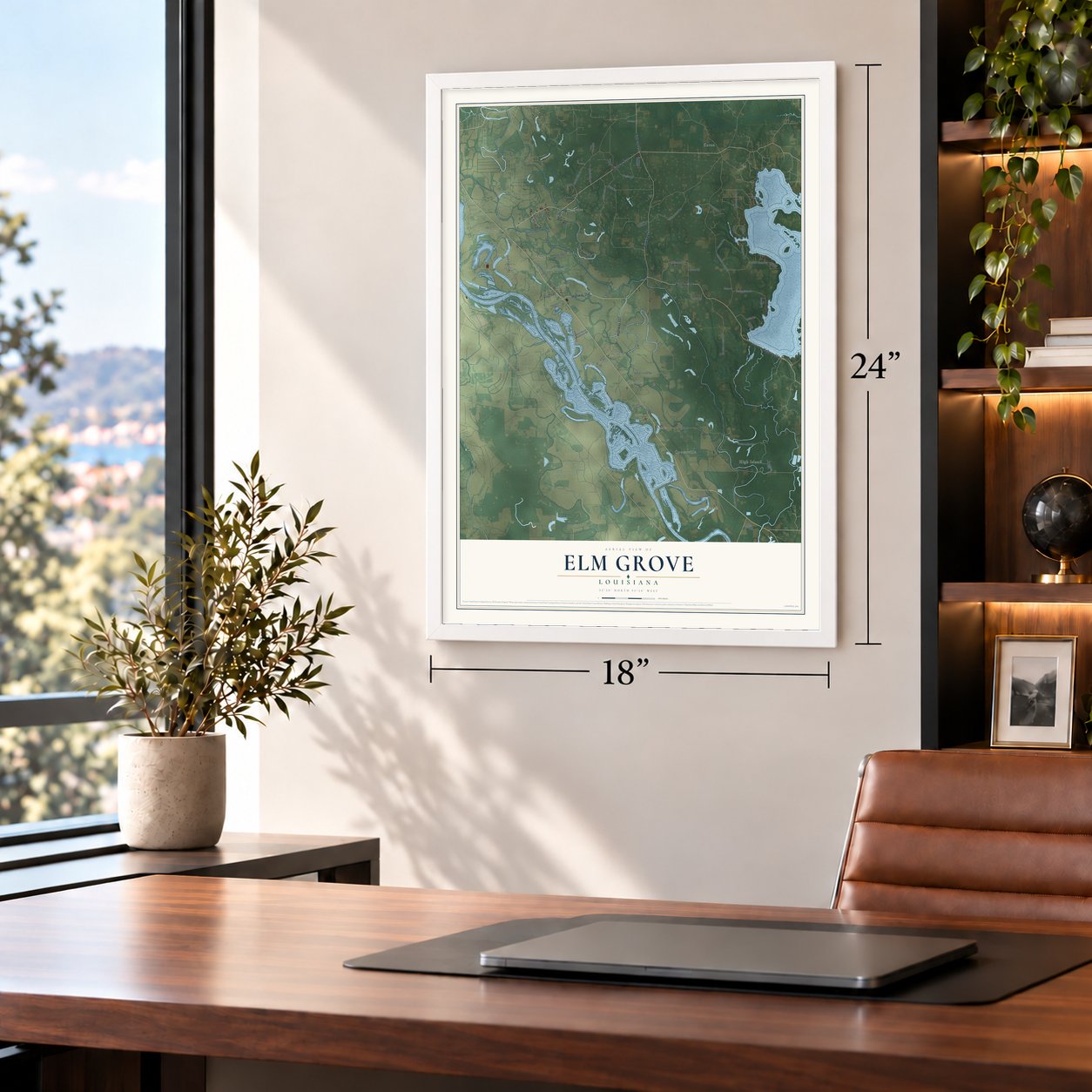 Elm Grove, Louisiana map, 18 x 24 inch print in a white frame in a home office