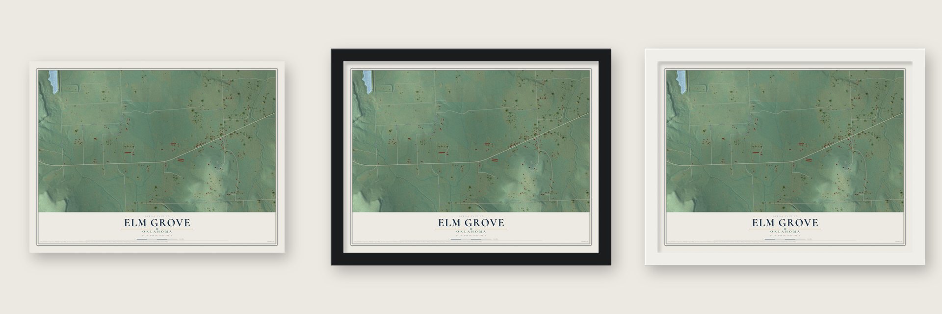 Elm Grove, Oklahoma map unframed, in a black wood frame and in a white wood frame