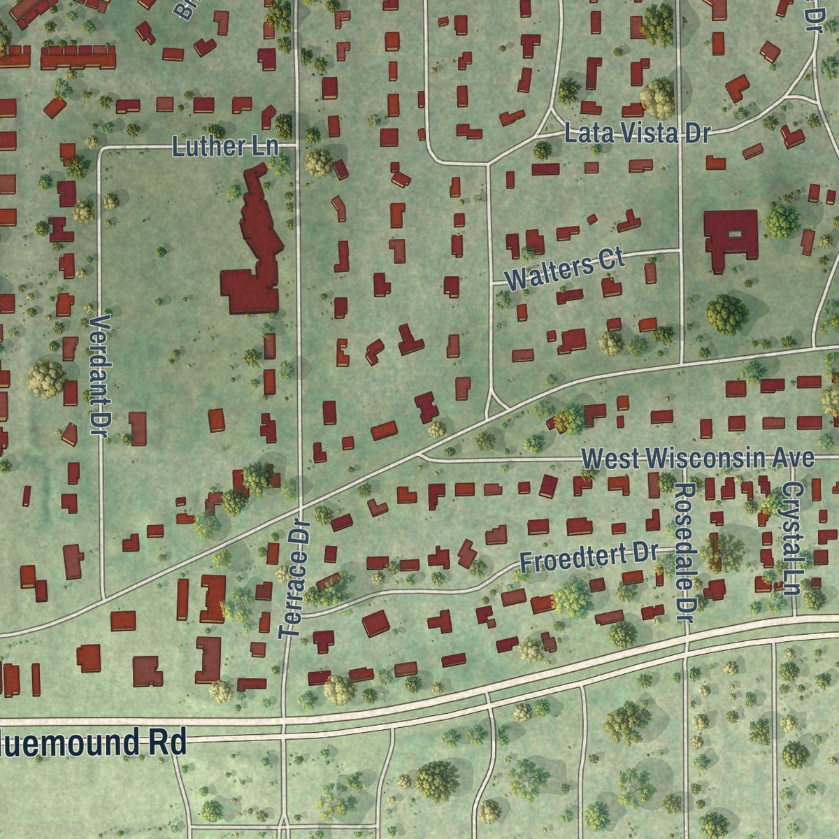 Second close-up of the map of Elm Grove, Wisconsin print showing more streets and buildings