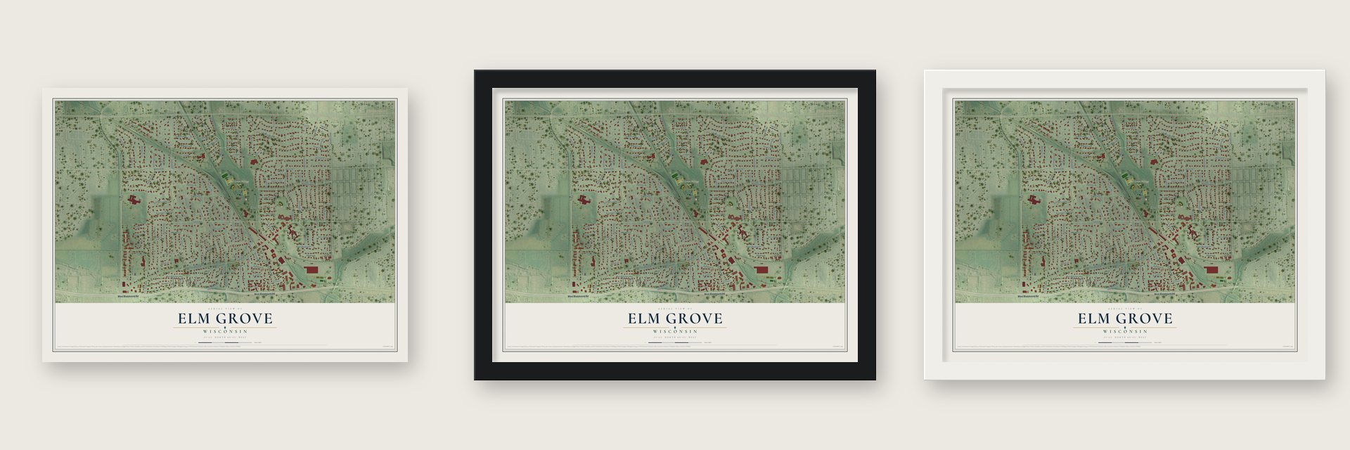 Elm Grove, Wisconsin map unframed, in a black wood frame and in a white wood frame