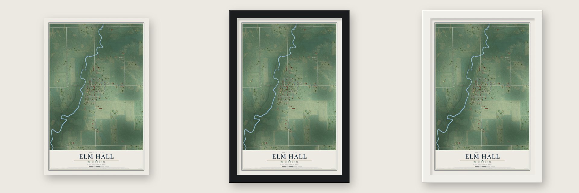 Elm Hall, Michigan map unframed, in a black wood frame and in a white wood frame