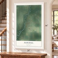 Elm Hall, Michigan map, 24 x 36 inch print in a white frame by a staircase