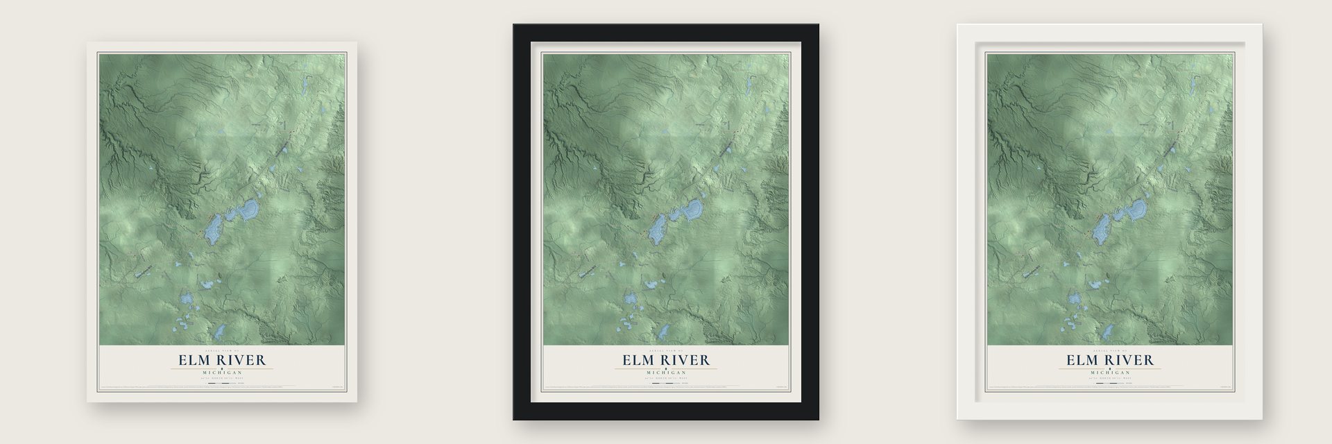 Elm River, Michigan map unframed, in a black wood frame and in a white wood frame