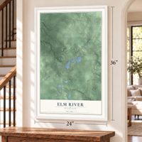 Elm River, Michigan map, 24 x 36 inch print in a white frame by a staircase