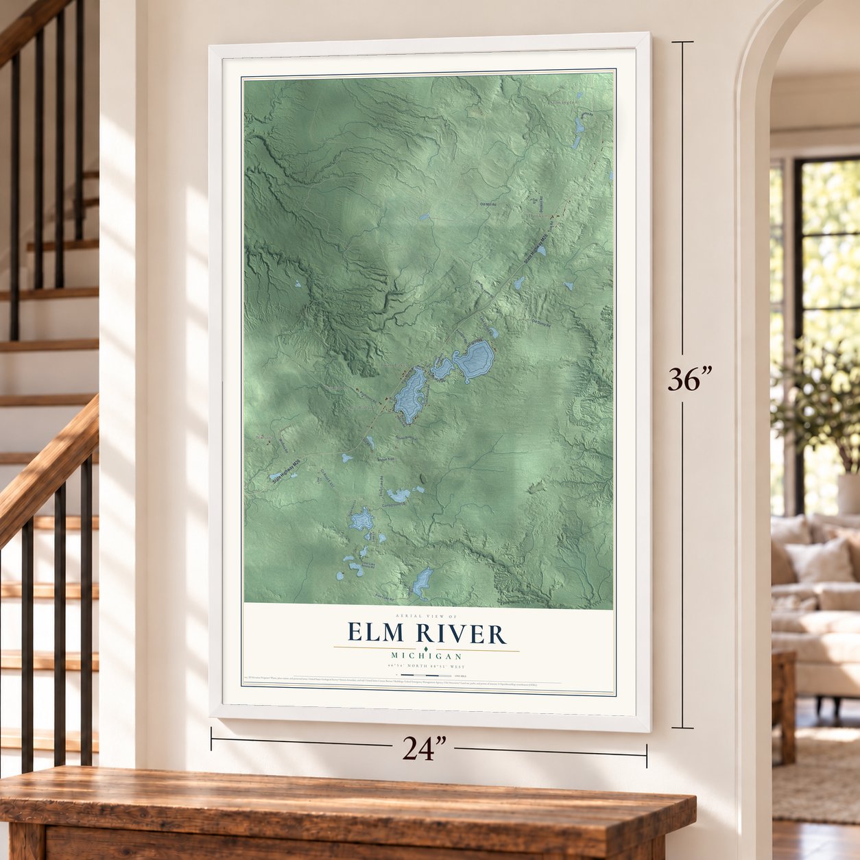 Elm River, Michigan map, 24 x 36 inch print in a white frame by a staircase