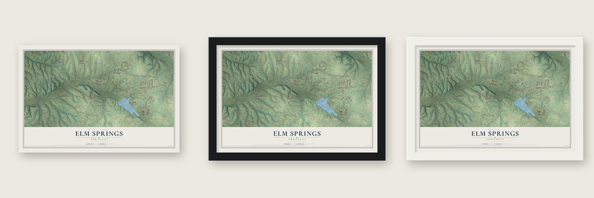 Elm Springs, Arkansas map unframed, in a black wood frame and in a white wood frame