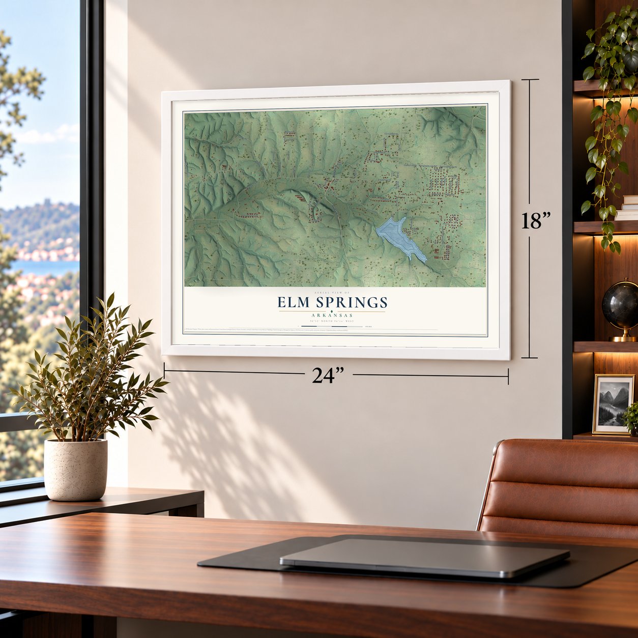 Elm Springs, Arkansas map, 18 x 24 inch print in a white frame in a home office