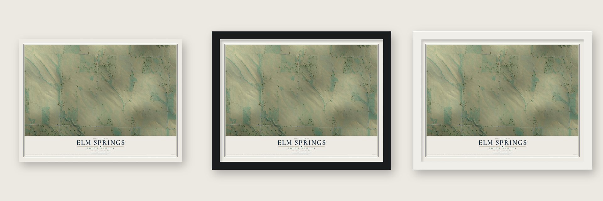 Elm Springs, South Dakota map unframed, in a black wood frame and in a white wood frame