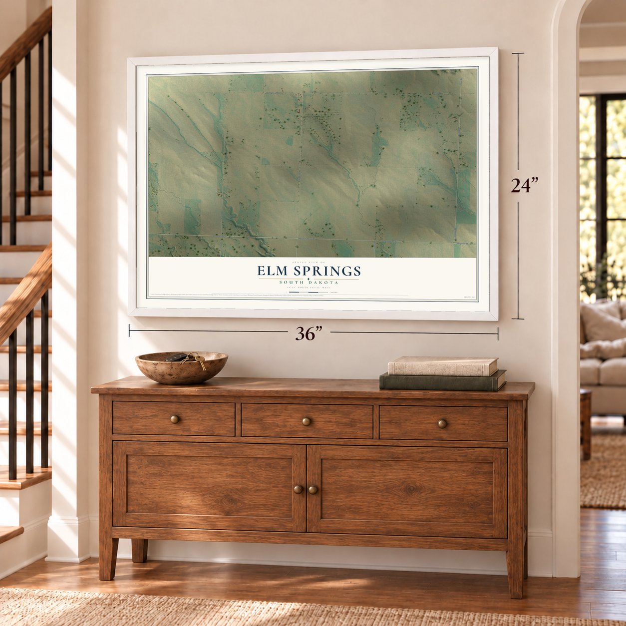 Elm Springs, South Dakota map, 24 x 36 inch print in a white frame above a dresser by a staircase