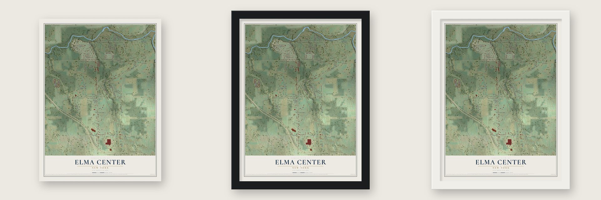 Elma Center, New York map unframed, in a black wood frame and in a white wood frame