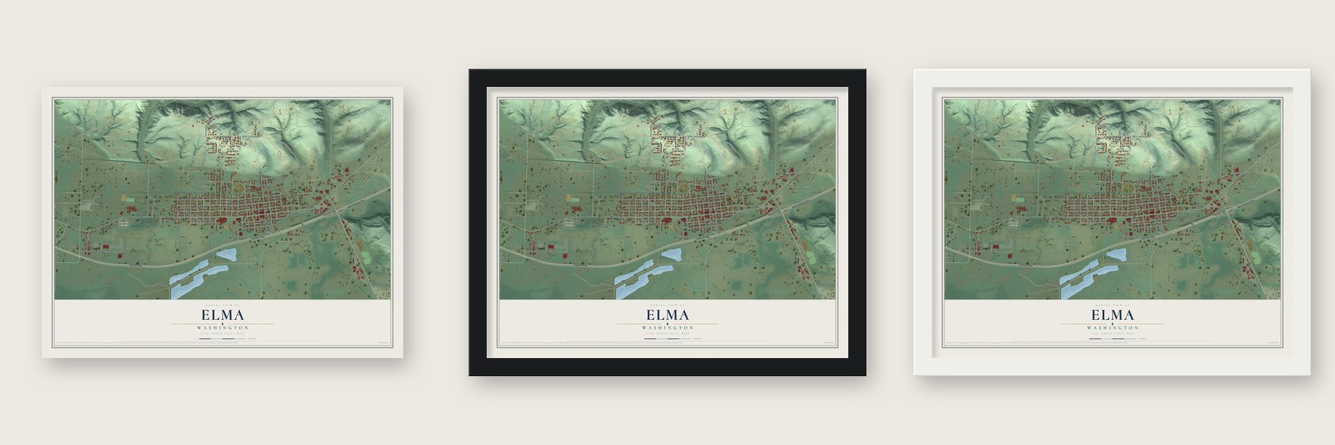 Elma, Washington map unframed, in a black wood frame and in a white wood frame
