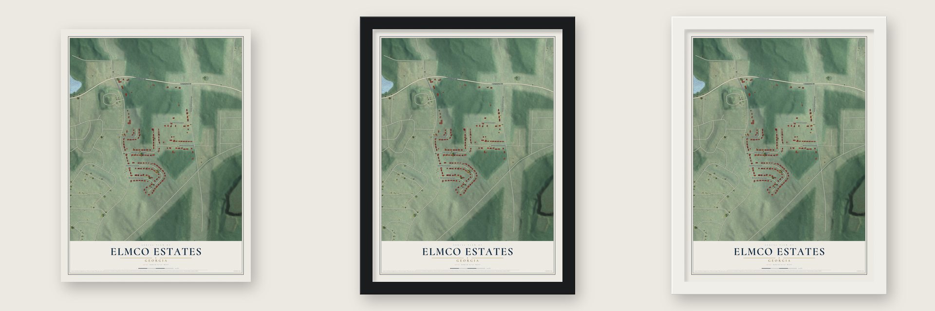 Elmco Estates, Georgia map unframed, in a black wood frame and in a white wood frame