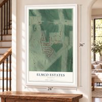 Elmco Estates, Georgia map, 24 x 36 inch print in a white frame by a staircase