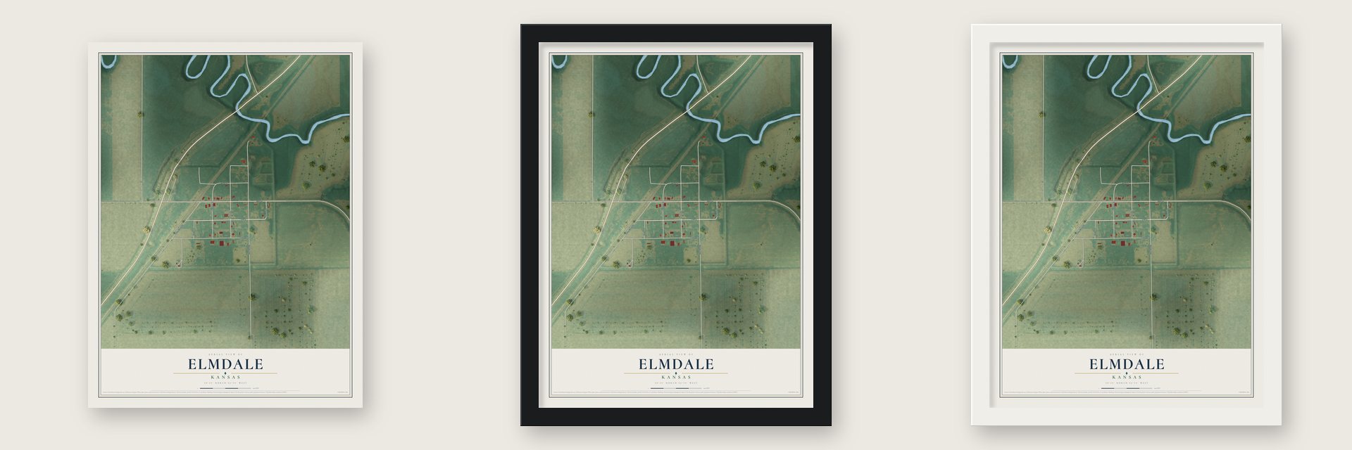 Elmdale, Kansas map unframed, in a black wood frame and in a white wood frame