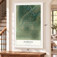 Elmdale, Kansas map, 24 x 36 inch print in a white frame by a staircase