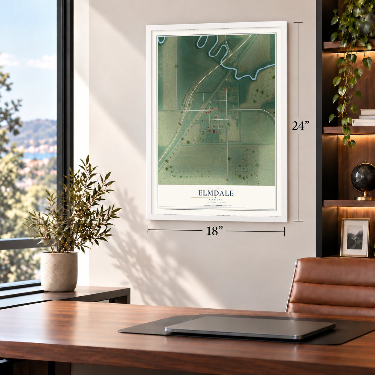 Elmdale, Kansas map, 18 x 24 inch print in a white frame in a home office