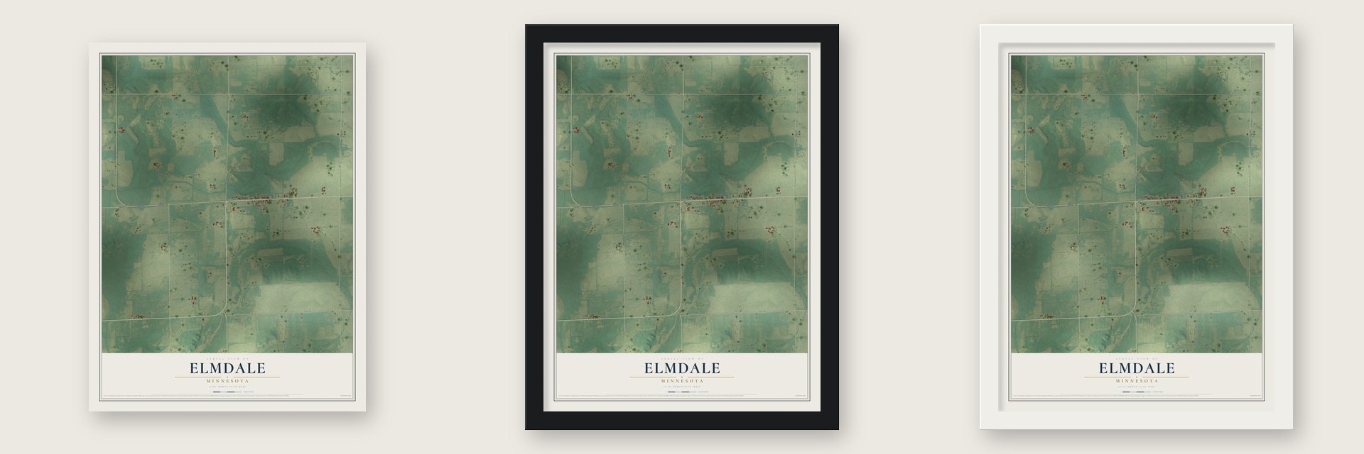 Elmdale, Minnesota map unframed, in a black wood frame and in a white wood frame