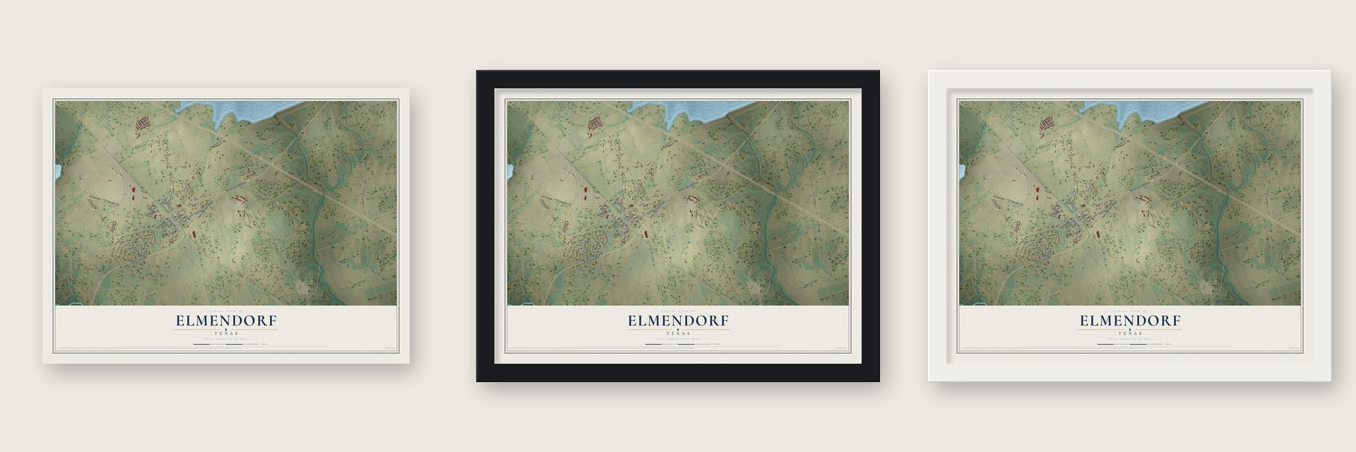 Elmendorf, Texas map unframed, in a black wood frame and in a white wood frame