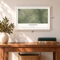 Elmendorf, Texas map, 12 x 18 inch print in a white frame in an entryway