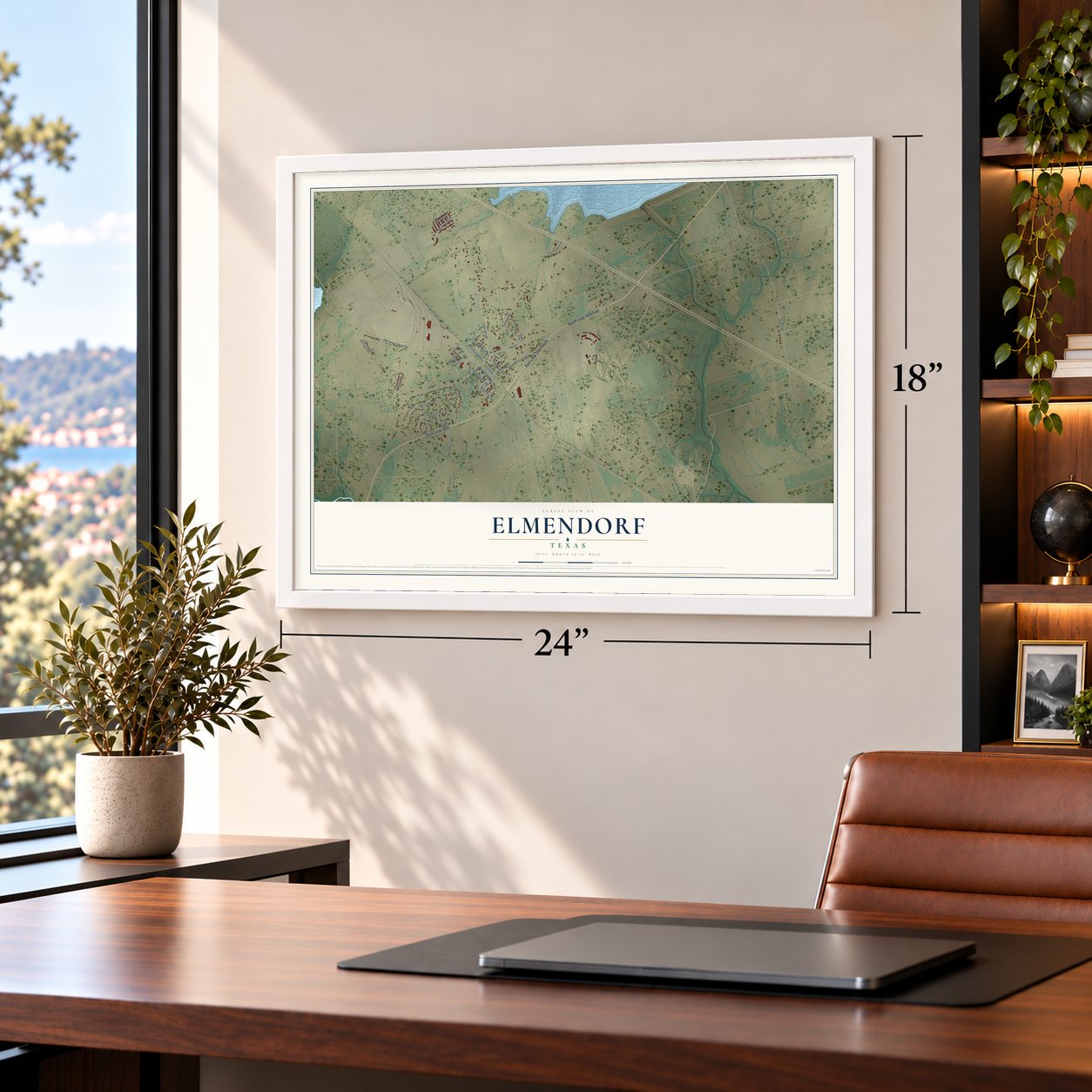 Elmendorf, Texas map, 18 x 24 inch print in a white frame in a home office