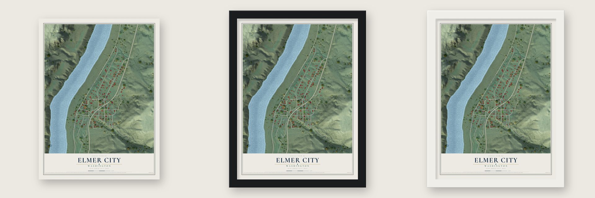Elmer City, Washington map unframed, in a black wood frame and in a white wood frame