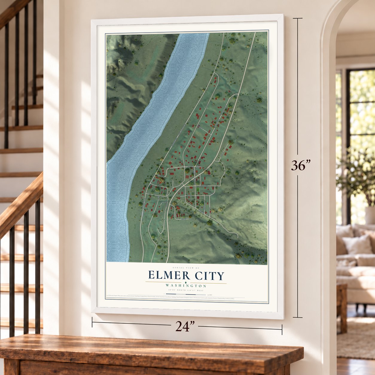 Elmer City, Washington map, 24 x 36 inch print in a white frame by a staircase