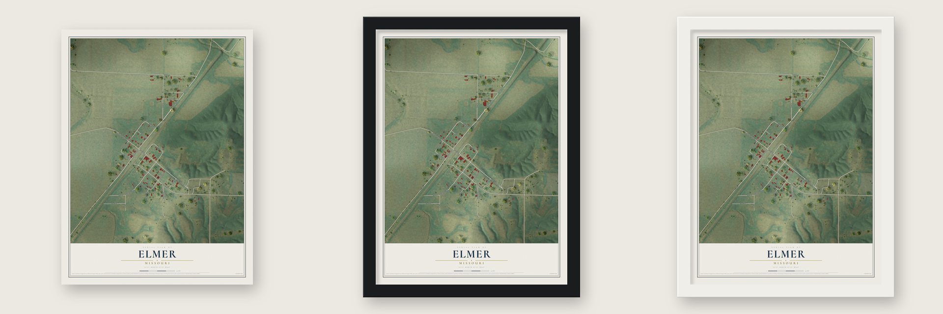 Elmer, Missouri map unframed, in a black wood frame and in a white wood frame
