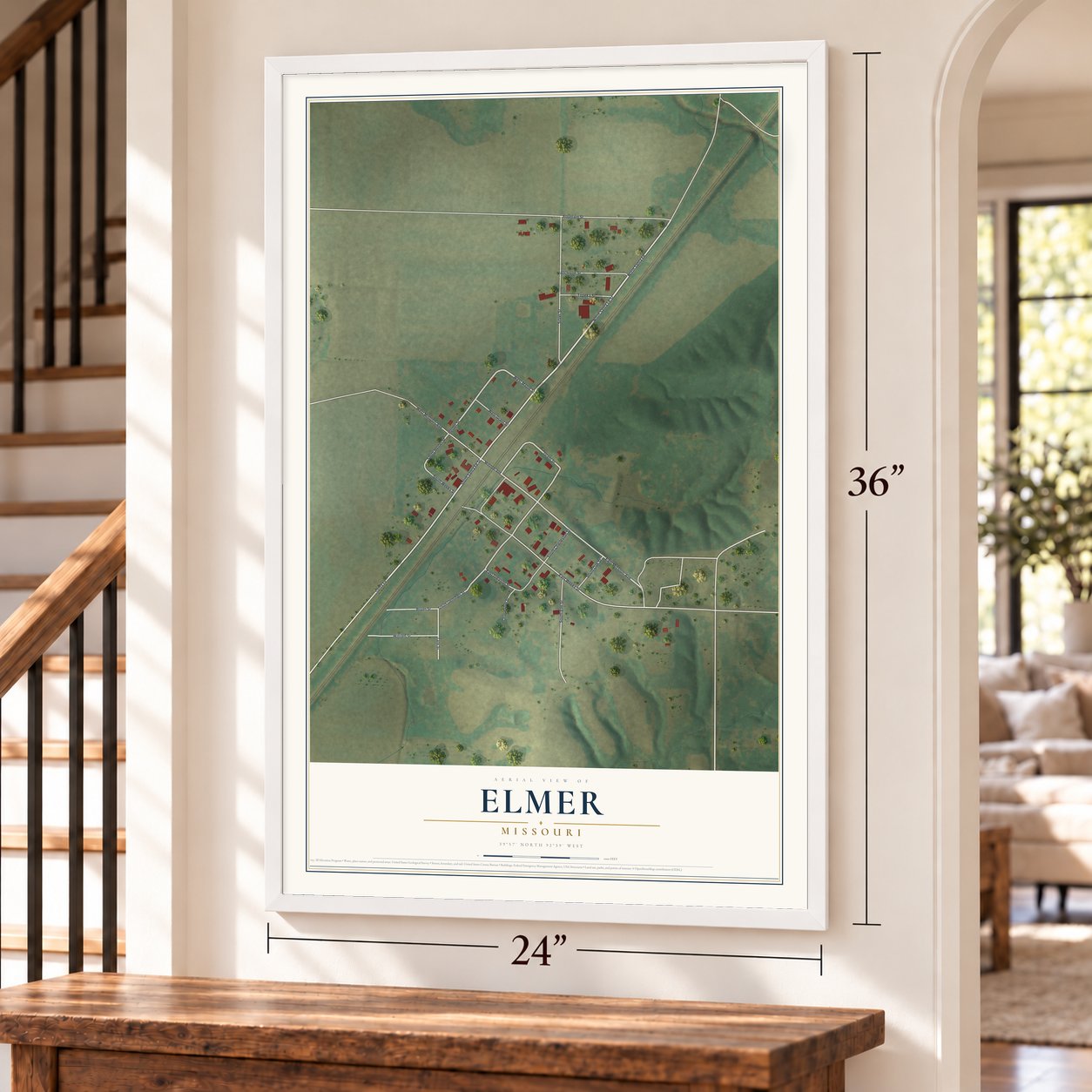 Elmer, Missouri map, 24 x 36 inch print in a white frame by a staircase