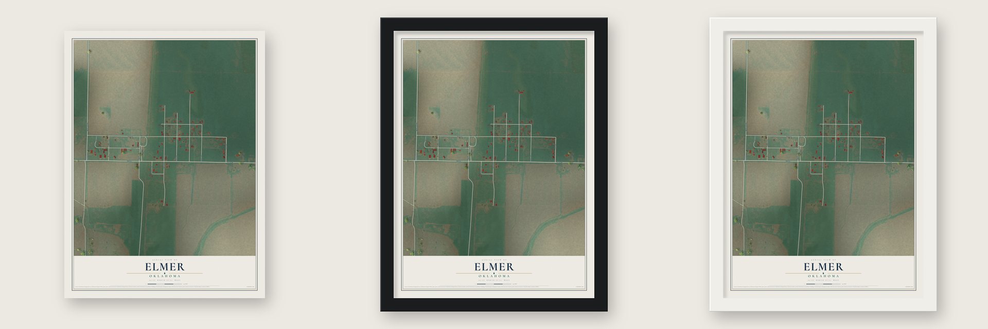 Elmer, Oklahoma map unframed, in a black wood frame and in a white wood frame