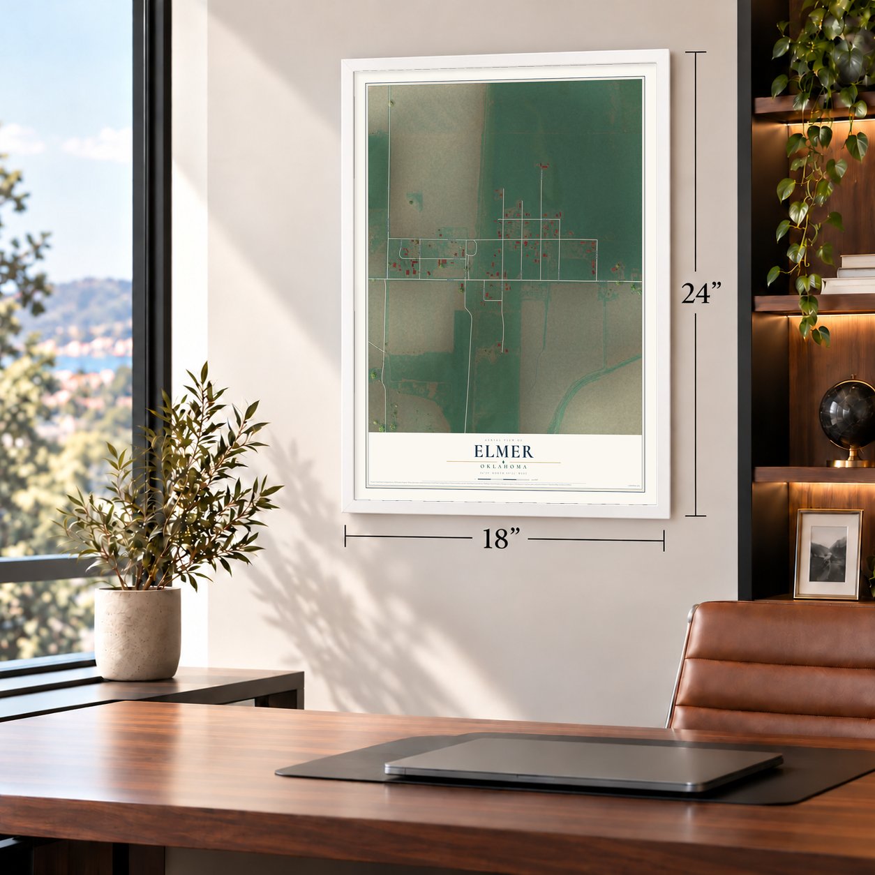 Elmer, Oklahoma map, 18 x 24 inch print in a white frame in a home office