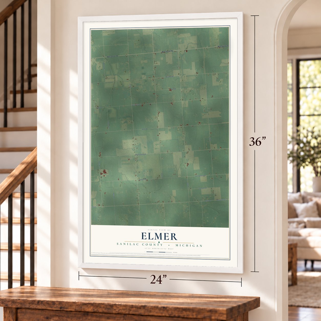 Elmer, Sanilac County, Michigan map, 24 x 36 inch print in a white frame by a staircase