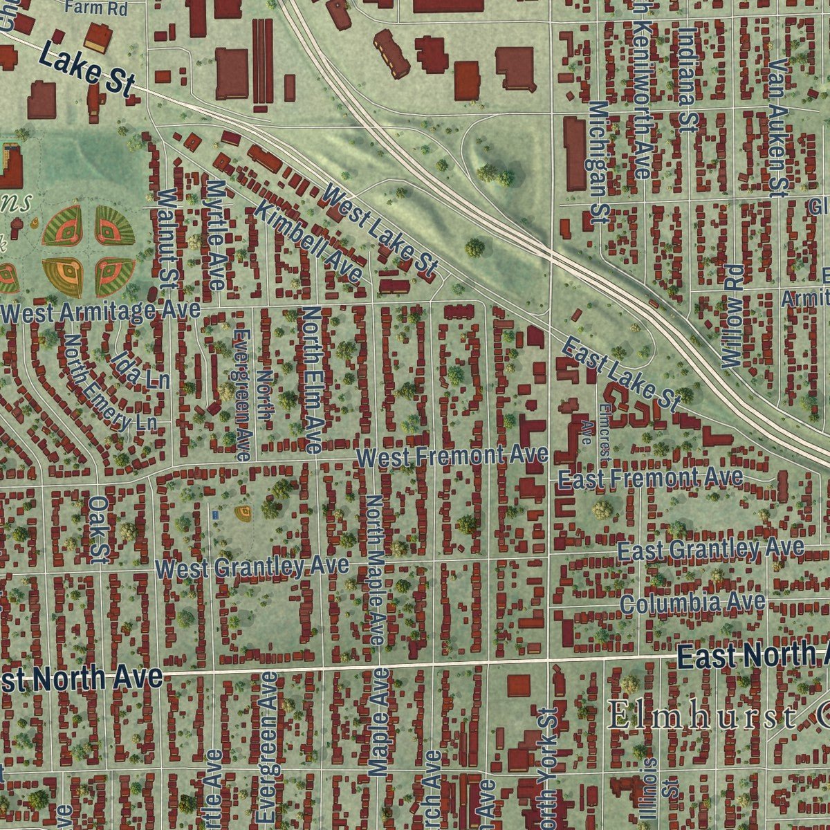 Second close-up of the map of Elmhurst, Illinois print showing more streets and buildings