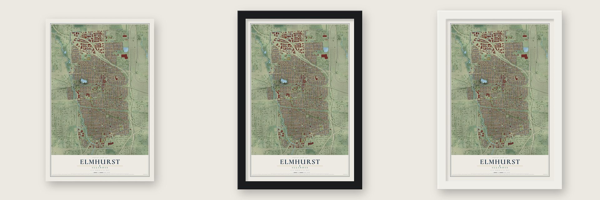 Elmhurst, Illinois map unframed, in a black wood frame and in a white wood frame