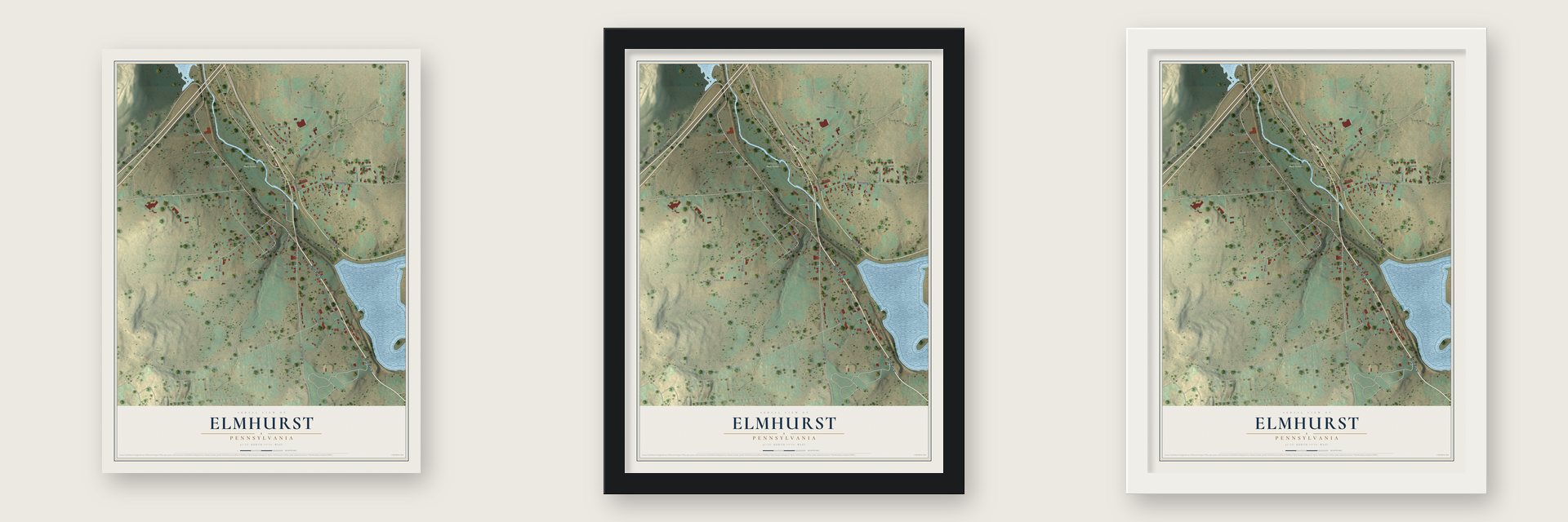 Elmhurst, Pennsylvania map unframed, in a black wood frame and in a white wood frame